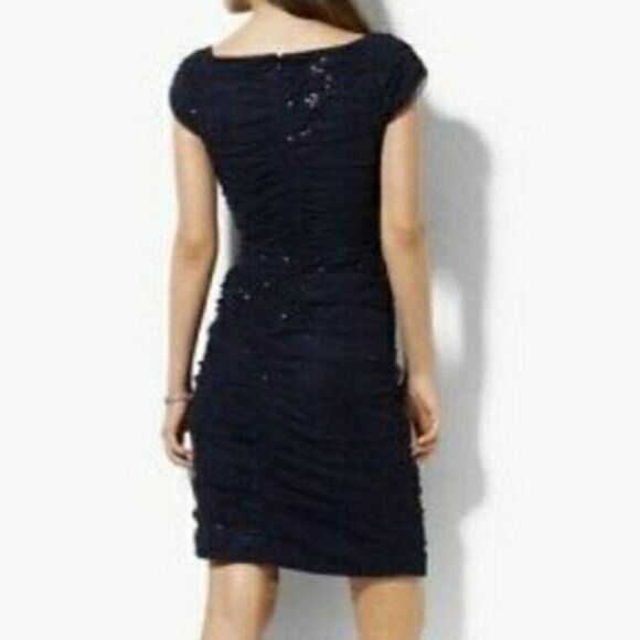 Vintage 80's Lauren Dress Mini Bodycon Formal Net Sequin Overlay Ruched Navy 4 - Picture 6 of 16